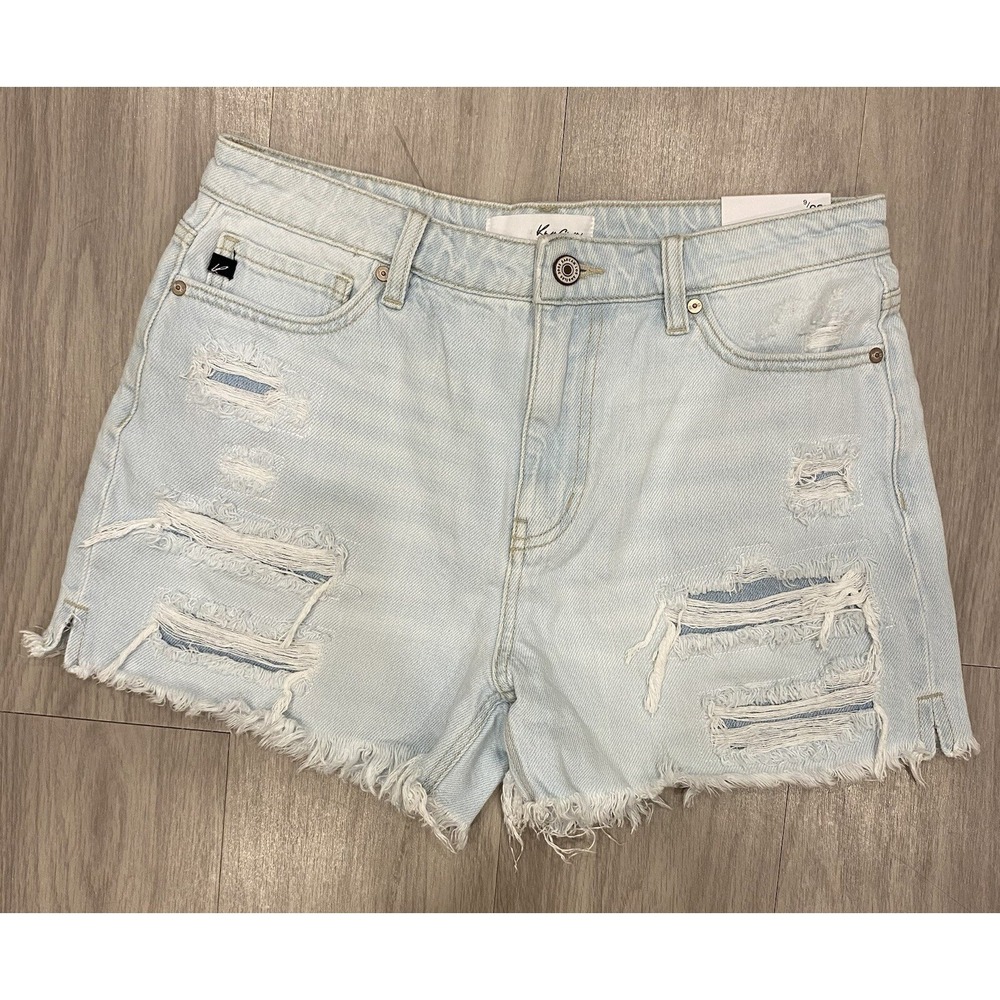 Kancan Shorts Womens 9 28‎ Denim Jean Distressed Mid Rise Fringe Hem New! NWT